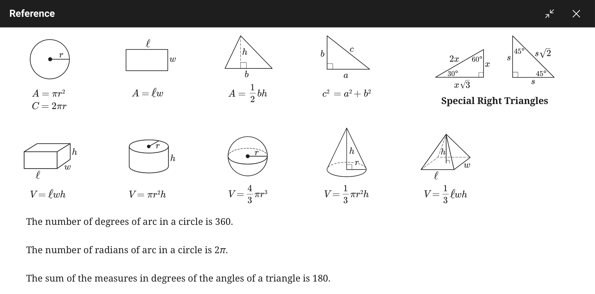 Math reference screen from Bluebook for PSAT and SAT